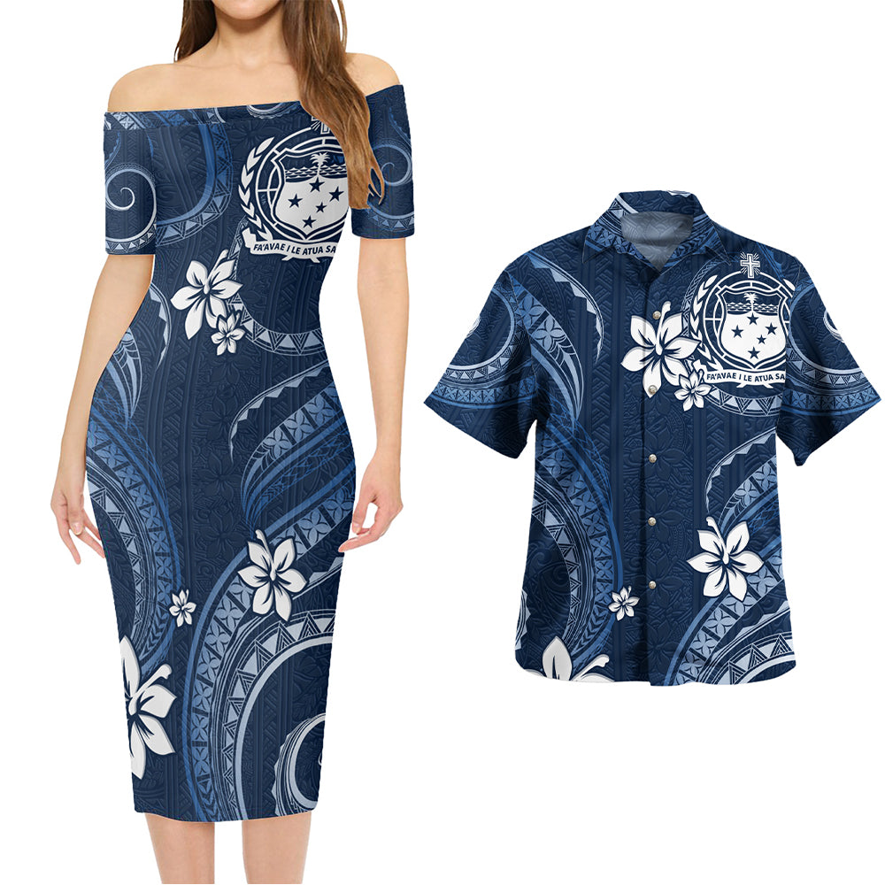 Samoa Combo Short Sleeve Dress And Shirt White Hibiscus Blue Tribal Pattern
