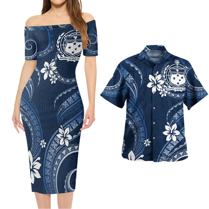 Samoa Combo Short Sleeve Dress And Shirt White Hibiscus Blue Tribal Pattern