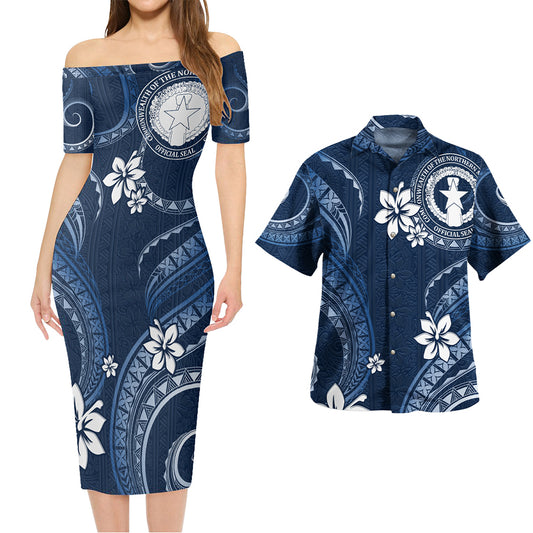 Northern Mariana Islands Combo Short Sleeve Dress And Shirt White Hibiscus Blue Tribal Pattern