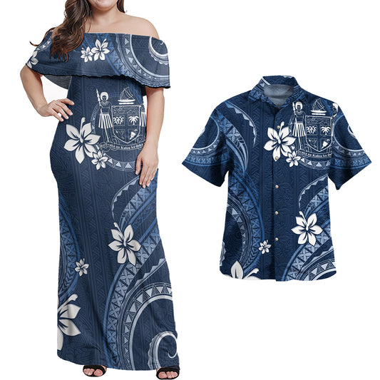 Fiji Combo Off Shoulder Long Dress And Shirt White Hibiscus Blue Pattern