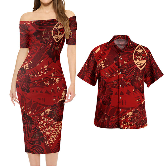Guam Combo Short Sleeve Dress And Shirt Hibiscus With Polynesian Pattern Red Version
