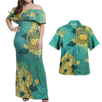 Samoa Combo Off Shoulder Long Dress And Shirt Golden Hibiscus Turquoise Color Tribal Pattern