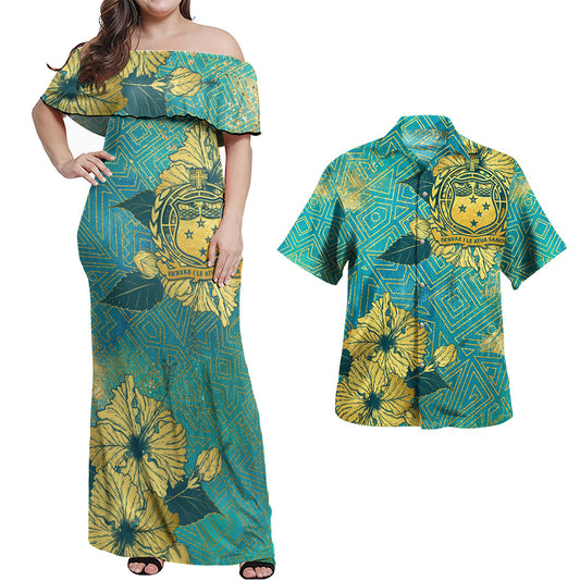 Samoa Combo Off Shoulder Long Dress And Shirt Golden Hibiscus Turquoise Color Tribal Pattern