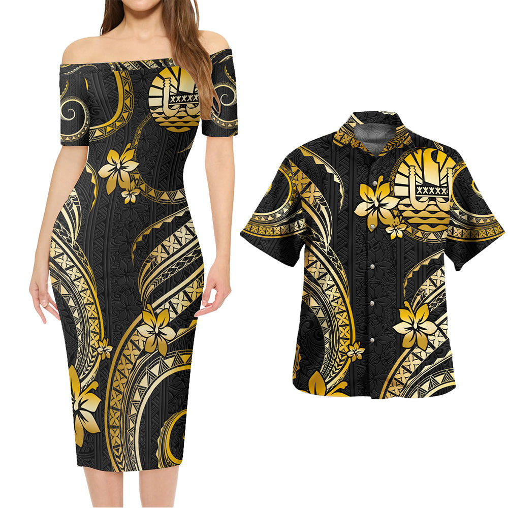 Tahiti Combo Short Sleeve Dress And Shirt Golden Polynesian Pattern