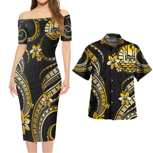 Tahiti Combo Short Sleeve Dress And Shirt Golden Polynesian Pattern