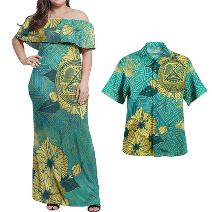 American Samoa Combo Off Shoulder Long Dress And Shirt Golden Hibiscus Turquoise Color Tribal Pattern