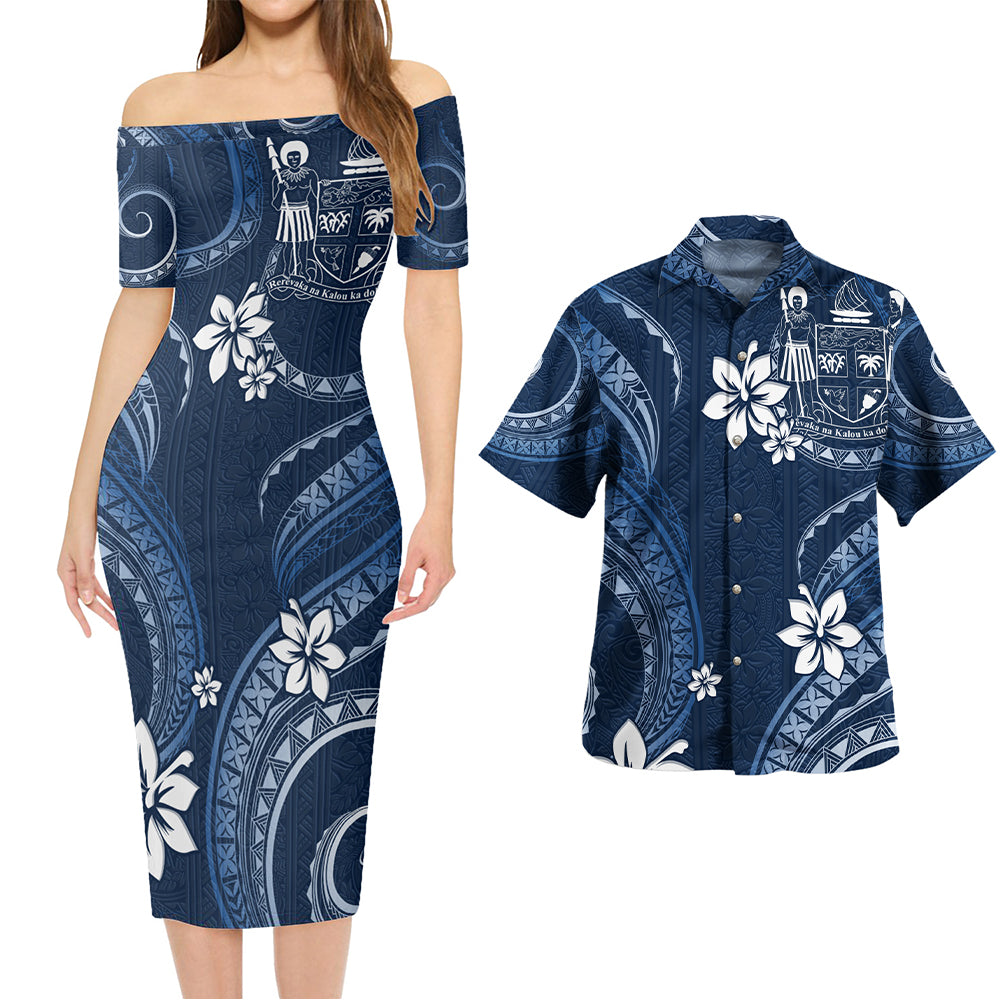 Fiji Combo Short Sleeve Dress And Shirt White Hibiscus Blue Tribal Pattern