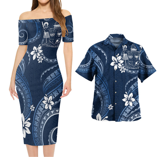 Fiji Combo Short Sleeve Dress And Shirt White Hibiscus Blue Tribal Pattern