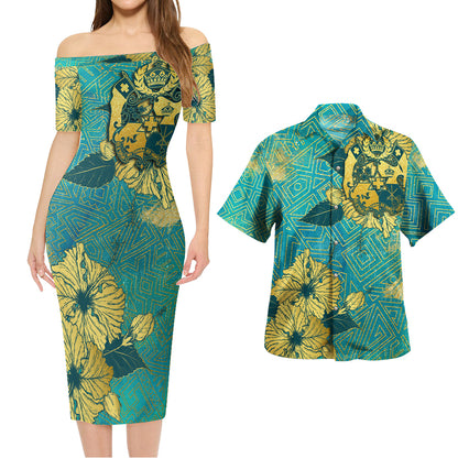 Tonga Combo Short Sleeve Dress And Shirt Golden Hibiscus Turquoise Color Tribal Pattern