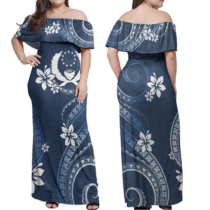 Pohnpei State Combo Off Shoulder Long Dress And Shirt White Hibiscus Blue Pattern