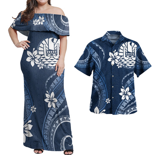 Tahiti Combo Off Shoulder Long Dress And Shirt White Hibiscus Blue Pattern