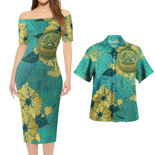American Samoa Combo Short Sleeve Dress And Shirt Golden Hibiscus Turquoise Color Tribal Pattern