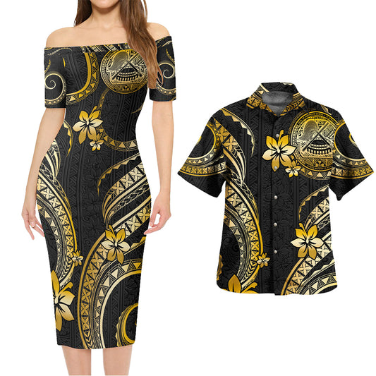 American Samoa Combo Short Sleeve Dress And Shirt Golden Polynesian Pattern