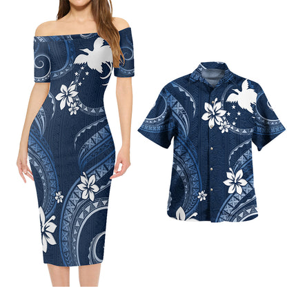 Papua New Guinea Combo Short Sleeve Dress And Shirt White Hibiscus Blue Tribal Pattern