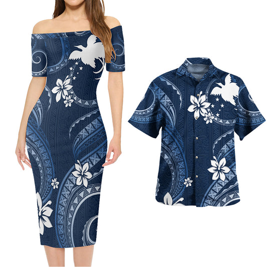 Papua New Guinea Combo Short Sleeve Dress And Shirt White Hibiscus Blue Tribal Pattern