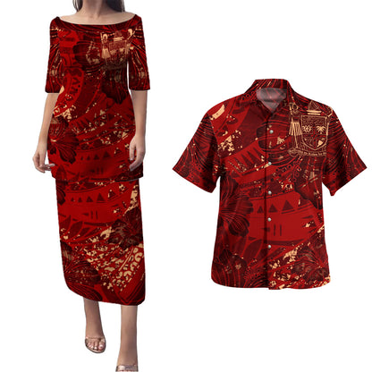 Fiji Combo Puletasi And Shirt Hibiscus With Polynesian Pattern Red Version