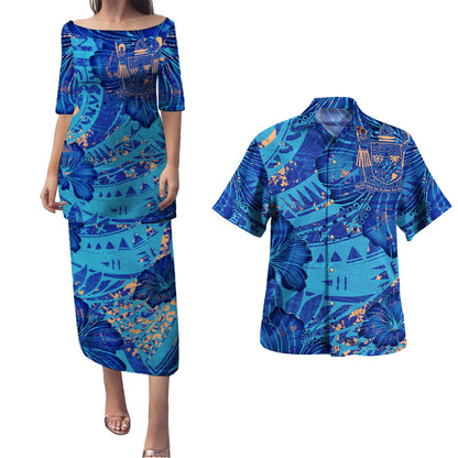 Fiji Combo Puletasi And Shirt Hibiscus With Polynesian Pattern Blue Version