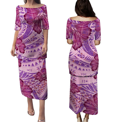 Hawaii Combo Puletasi And Shirt Purple Hibiscus With Polynesian Pattern