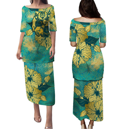 Tonga Combo Puletasi And Shirt Golden Hibiscus Turquoise Color Tribal Pattern