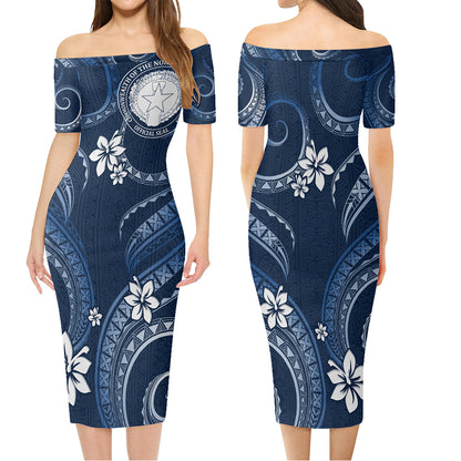 Northern Mariana Islands Combo Short Sleeve Dress And Shirt White Hibiscus Blue Tribal Pattern