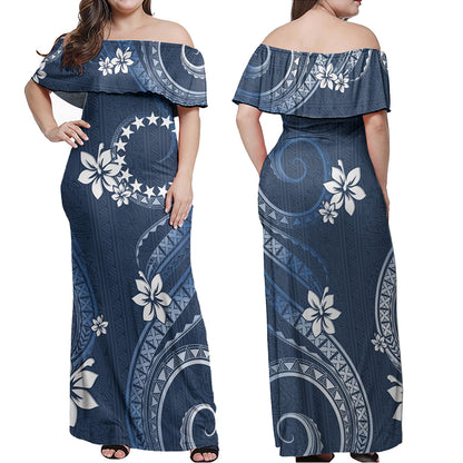 Cook Islands Combo Off Shoulder Long Dress And Shirt White Hibiscus Blue Pattern