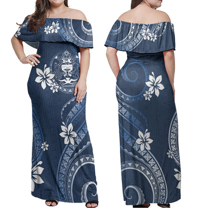 Solomon Islands Combo Off Shoulder Long Dress And Shirt White Hibiscus Blue Pattern