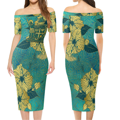 Fiji Combo Short Sleeve Dress And Shirt Golden Hibiscus Turquoise Color Tribal Pattern