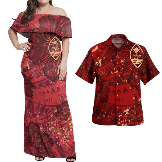 Guam Combo Off Shoulder Long Dress And Shirt Hibiscus With Polynesian Pattern Red Version