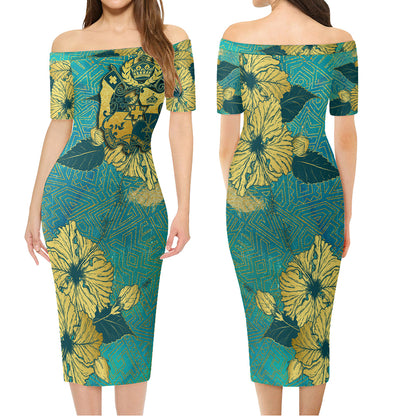 Tonga Combo Short Sleeve Dress And Shirt Golden Hibiscus Turquoise Color Tribal Pattern