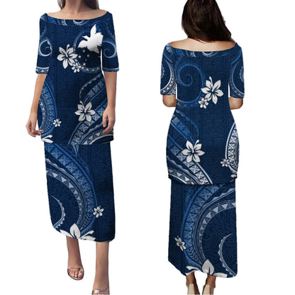 Papua New Guinea Combo Puletasi And Shirt White Hibiscus Blue Tribal Pattern