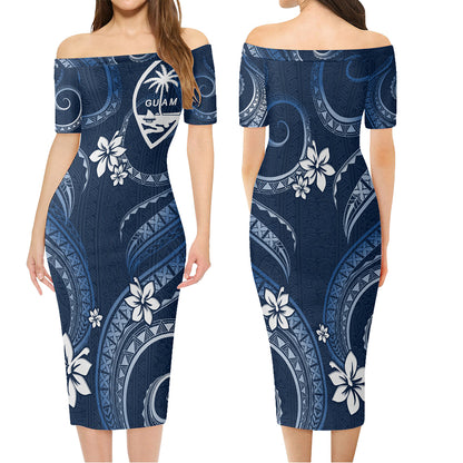 Guam Combo Short Sleeve Dress And Shirt White Hibiscus Blue Tribal Pattern