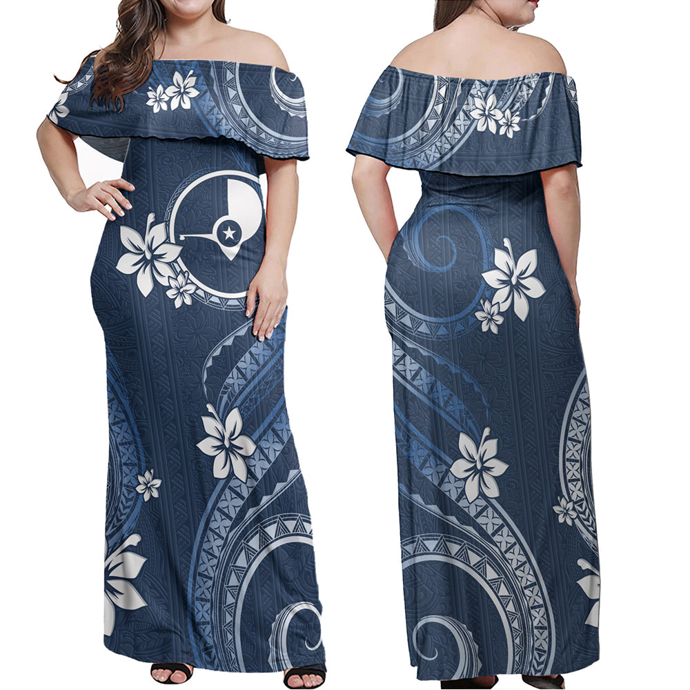 Yap State Combo Off Shoulder Long Dress And Shirt White Hibiscus Blue Pattern