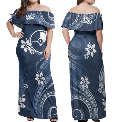 Yap State Combo Off Shoulder Long Dress And Shirt White Hibiscus Blue Pattern