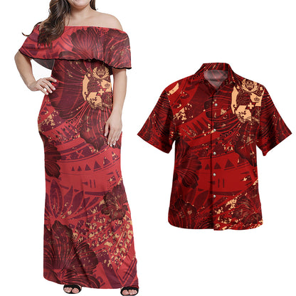Tonga Combo Off Shoulder Long Dress And Shirt Hibiscus With Polynesian Pattern Red Version