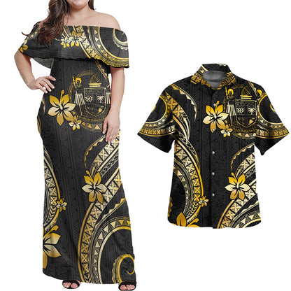 Fiji Combo Off Shoulder Long Dress And Shirt Golden Polynesian Pattern