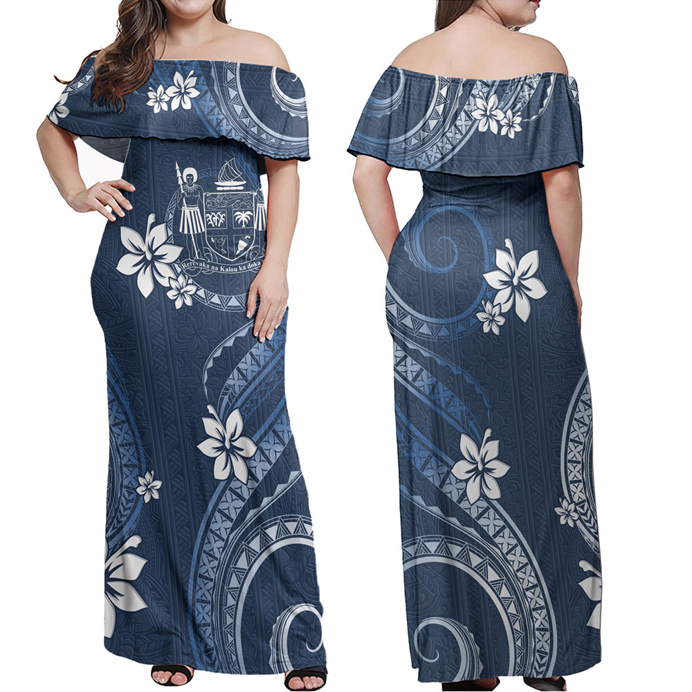 Fiji Combo Off Shoulder Long Dress And Shirt White Hibiscus Blue Pattern