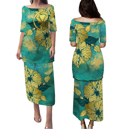 Hawaii Combo Puletasi And Shirt Golden Hibiscus Turquoise Color Tribal Pattern