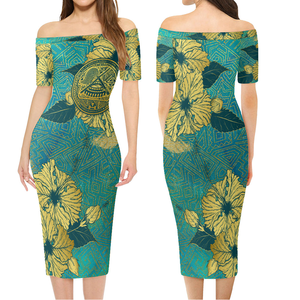 American Samoa Combo Short Sleeve Dress And Shirt Golden Hibiscus Turquoise Color Tribal Pattern
