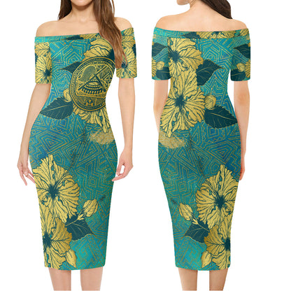 American Samoa Combo Short Sleeve Dress And Shirt Golden Hibiscus Turquoise Color Tribal Pattern