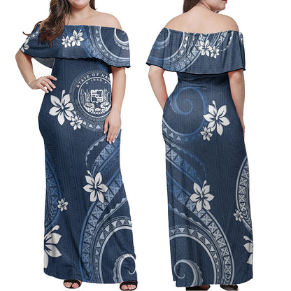 Hawaii Combo Off Shoulder Long Dress And Shirt White Hibiscus Blue Pattern
