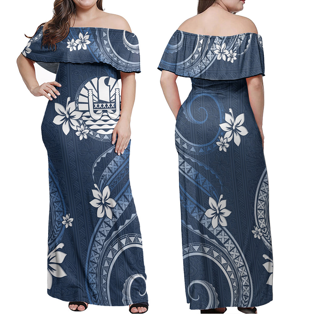 Tahiti Combo Off Shoulder Long Dress And Shirt White Hibiscus Blue Pattern