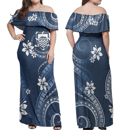 Tuvalu Combo Off Shoulder Long Dress And Shirt White Hibiscus Blue Pattern