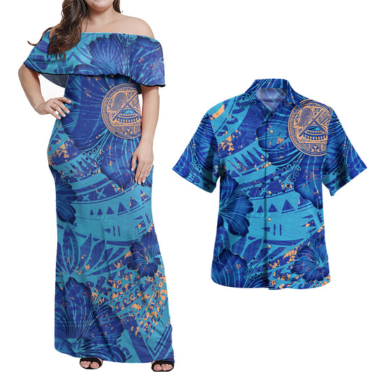 American Samoa Combo Off Shoulder Long Dress And Shirt Hibiscus With Polynesian Pattern Blue Version