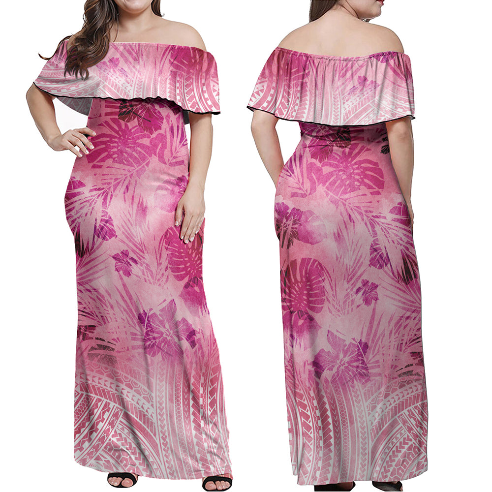 Hawaii Combo Off Shoulder Long Dress And Shirt Pink Hibiscus White Polynesian Pattern