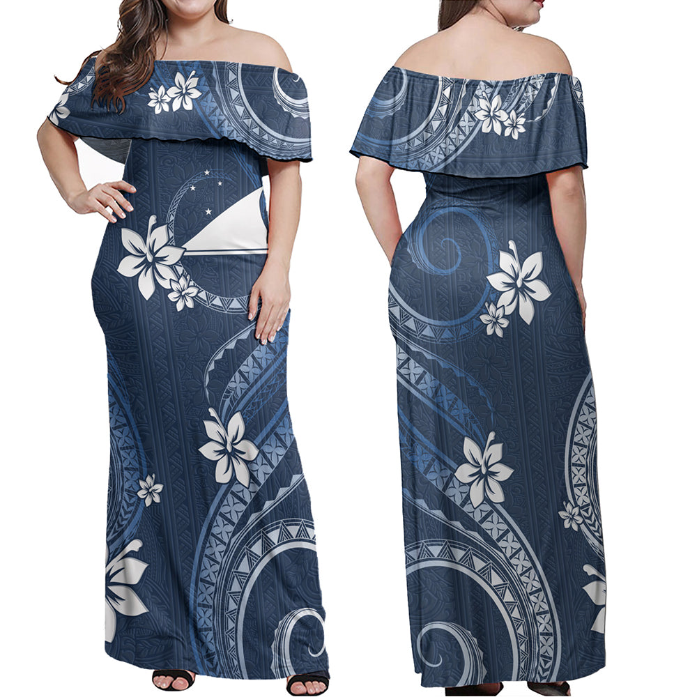 Tokelau Combo Off Shoulder Long Dress And Shirt White Hibiscus Blue Pattern