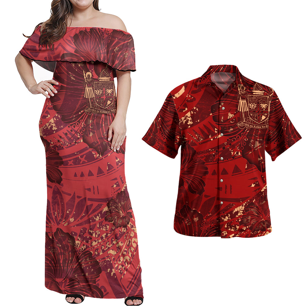 Fiji Combo Off Shoulder Long Dress And Shirt Hibiscus With Polynesian Pattern Red Version