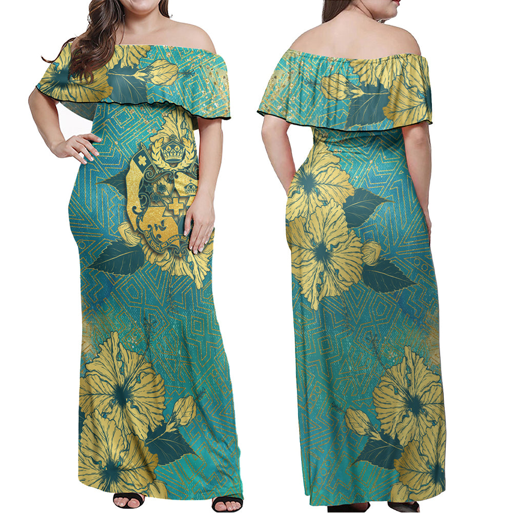 Tonga Combo Off Shoulder Long Dress And Shirt Golden Hibiscus Turquoise Color Tribal Pattern