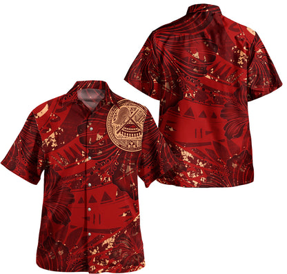 American Samoa Combo Short Sleeve Dress And Shirt Hibiscus With Polynesian Pattern Red Version