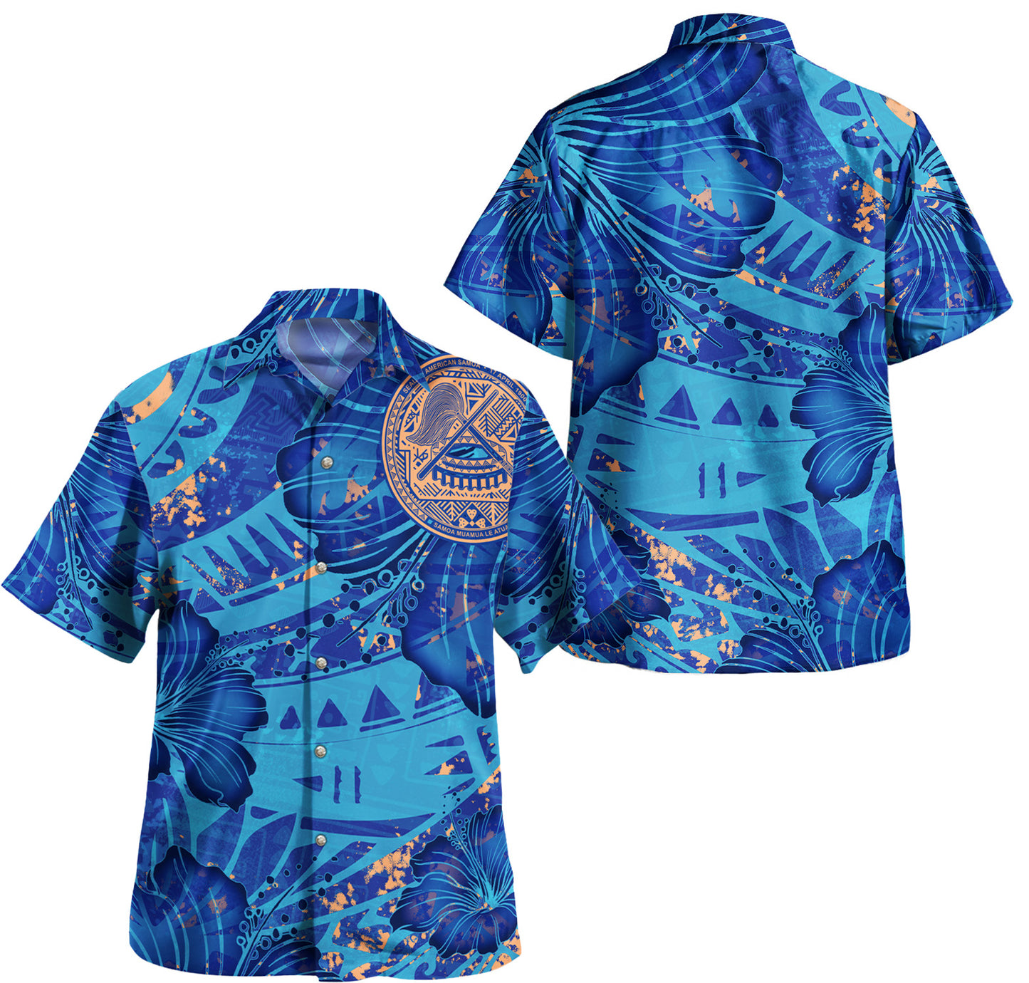 American Samoa Combo Short Sleeve Dress And Shirt Hibiscus With Polynesian Pattern Blue Version