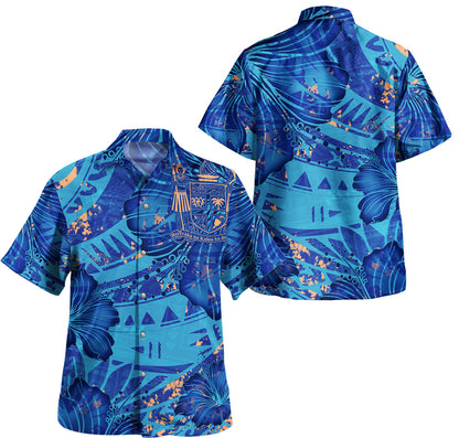 Fiji Combo Short Sleeve Dress And Shirt Hibiscus With Polynesian Pattern Blue Version